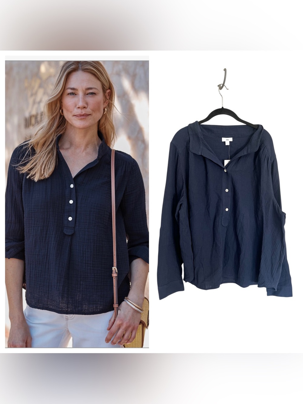 NWT J. Jill Cotton-Gauze Henley Popover top navy sz 3X coastal boho long sleeve